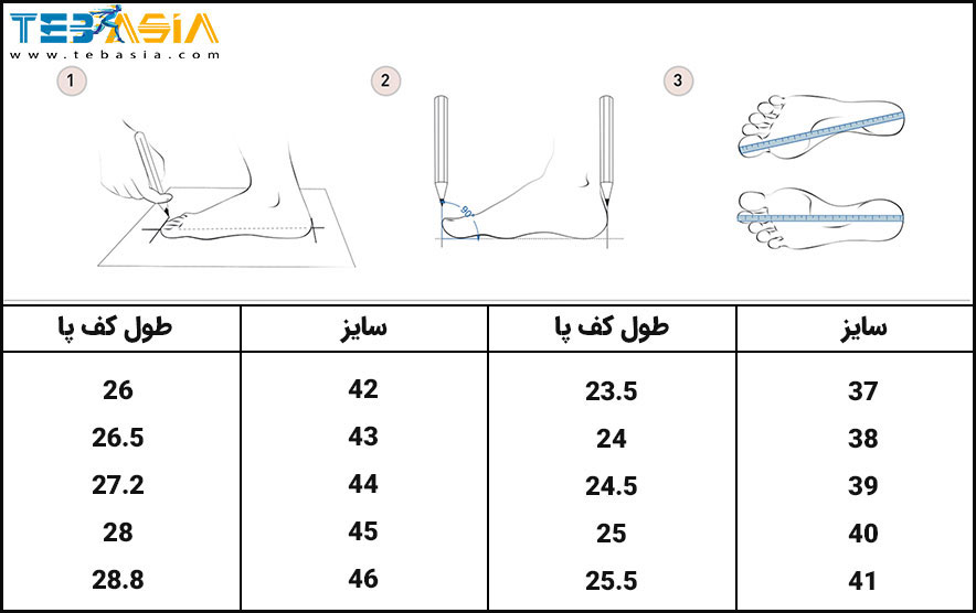 جدول انتخاب سایز کفش های طبی دکتر فام